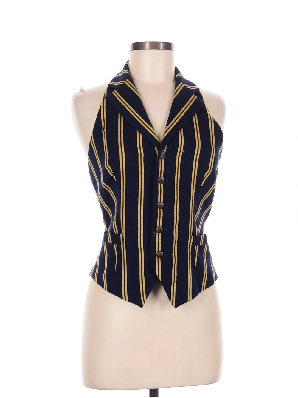 Ralph Lauren Rugby Vintage Halter Vest Top Navy Gold Stripe Tuxedo Belt Wool 90s - Picture 2 of 7